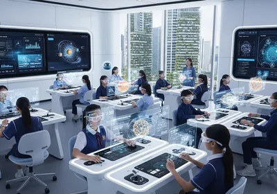 Futuristic classroom with AI technology
